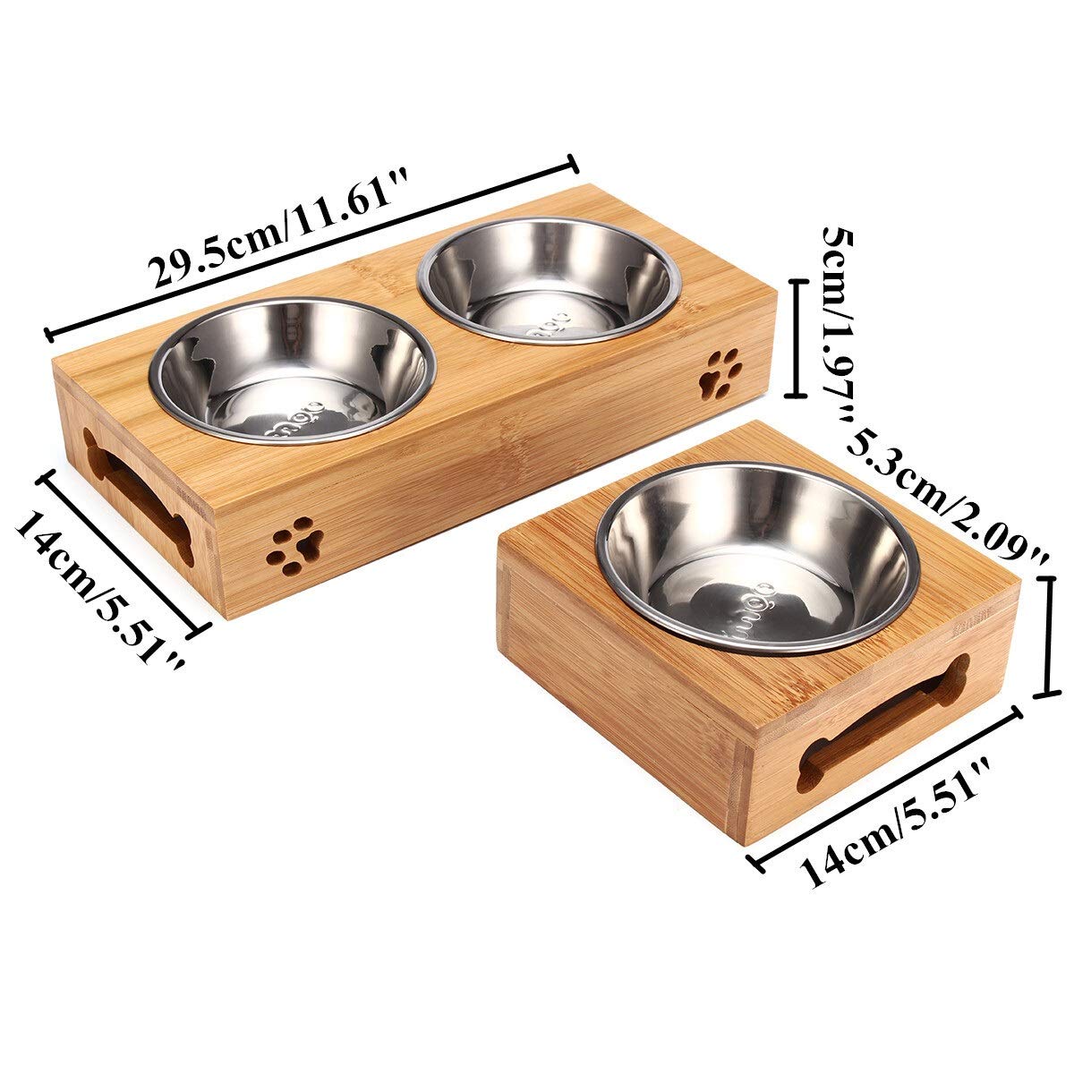 Double Single Dog Bowls for Pet Puppy Stainless Steel Bamboo Rack Food Water Bowl Feeder Pet Cats Feeding Dishes Dogs Drink Bowl. (Color : Yellow Size : Double Bowl)