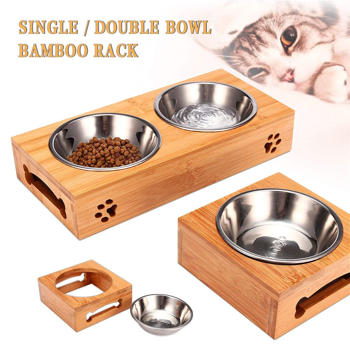 Double Single Dog Bowls for Pet Puppy Stainless Steel Bamboo Rack Food Water Bowl Feeder Pet Cats Feeding Dishes Dogs Drink Bowl. (Color : Yellow Size : Double Bowl)