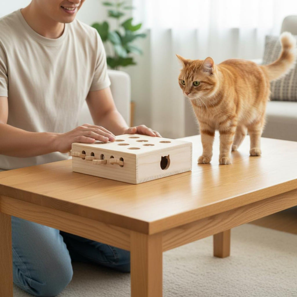 Interactive Rodent Activity Box with Multi Hole Puzzle Wooden Pounce and Toy Structure for Swatting and Batting Suitable for Indoor Enrichment, Mouse Model