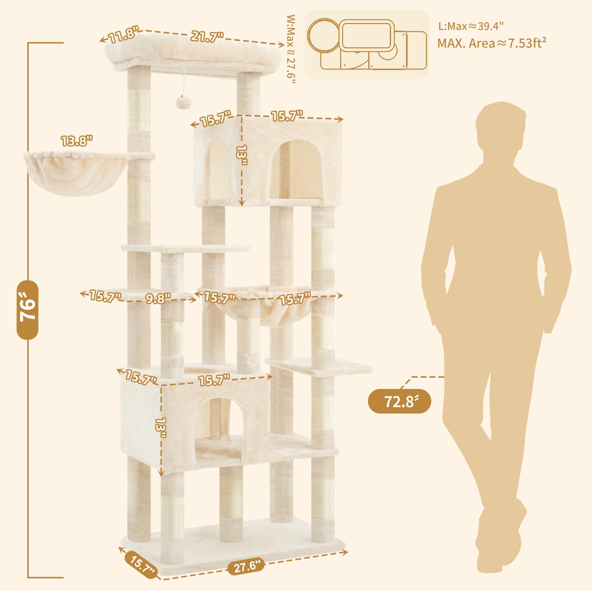 Heybly Cat Tree, 76-Inch Tall Heavy Duty Cat Tower for Big Cats