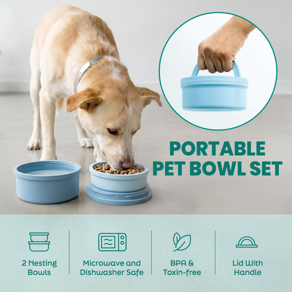 KindTail Dog Travel Bowls - Set of 2 Portable Pet Food & Water Dishes with Lid & Handle - Each Nesting Container Includes a Non-Slip Silicone Base - Microwave & Dishwasher Safe - BPA & Toxin-Free