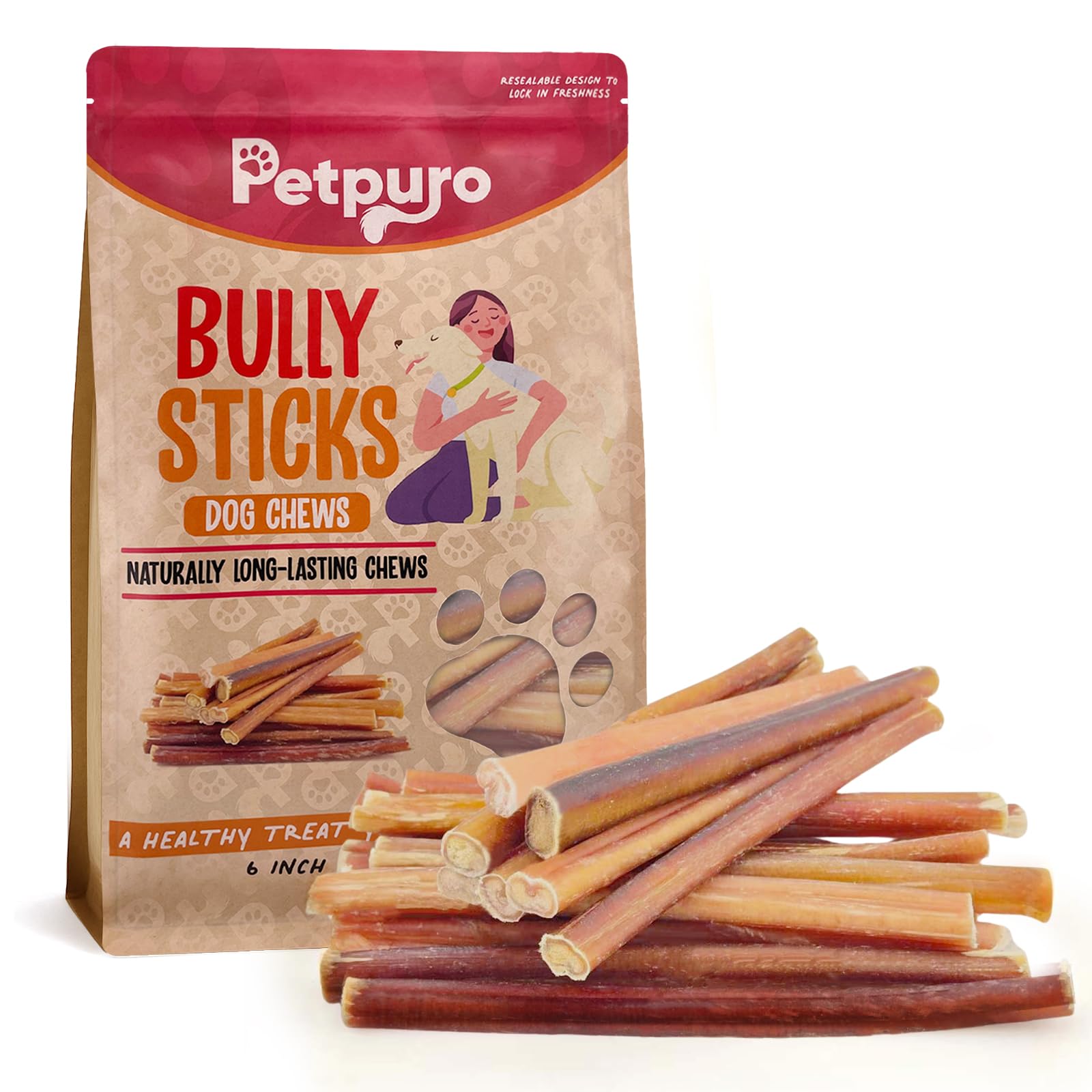 PETPURO 6" Natural Bully Sticks for Dogs, Long-Lasting USA Made Beef Dog Chew Treats 100 Count
