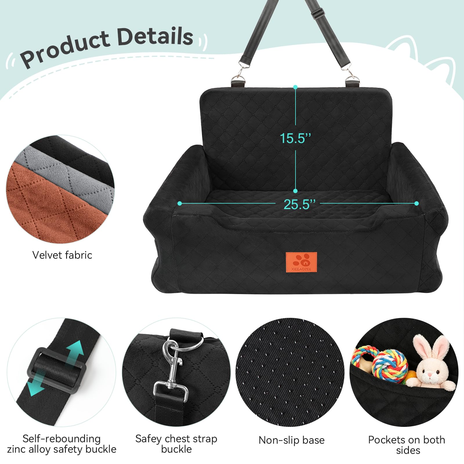 XIEEAOZEE Dog Car Seat for Large/Medium Dogs up to 55 lbs, Travel Car Dog Bed Filling Memory Foam, Washable Pet Booster Carseat for 2 Small Dogs, 2 Safety Leashes, Side Pocket
