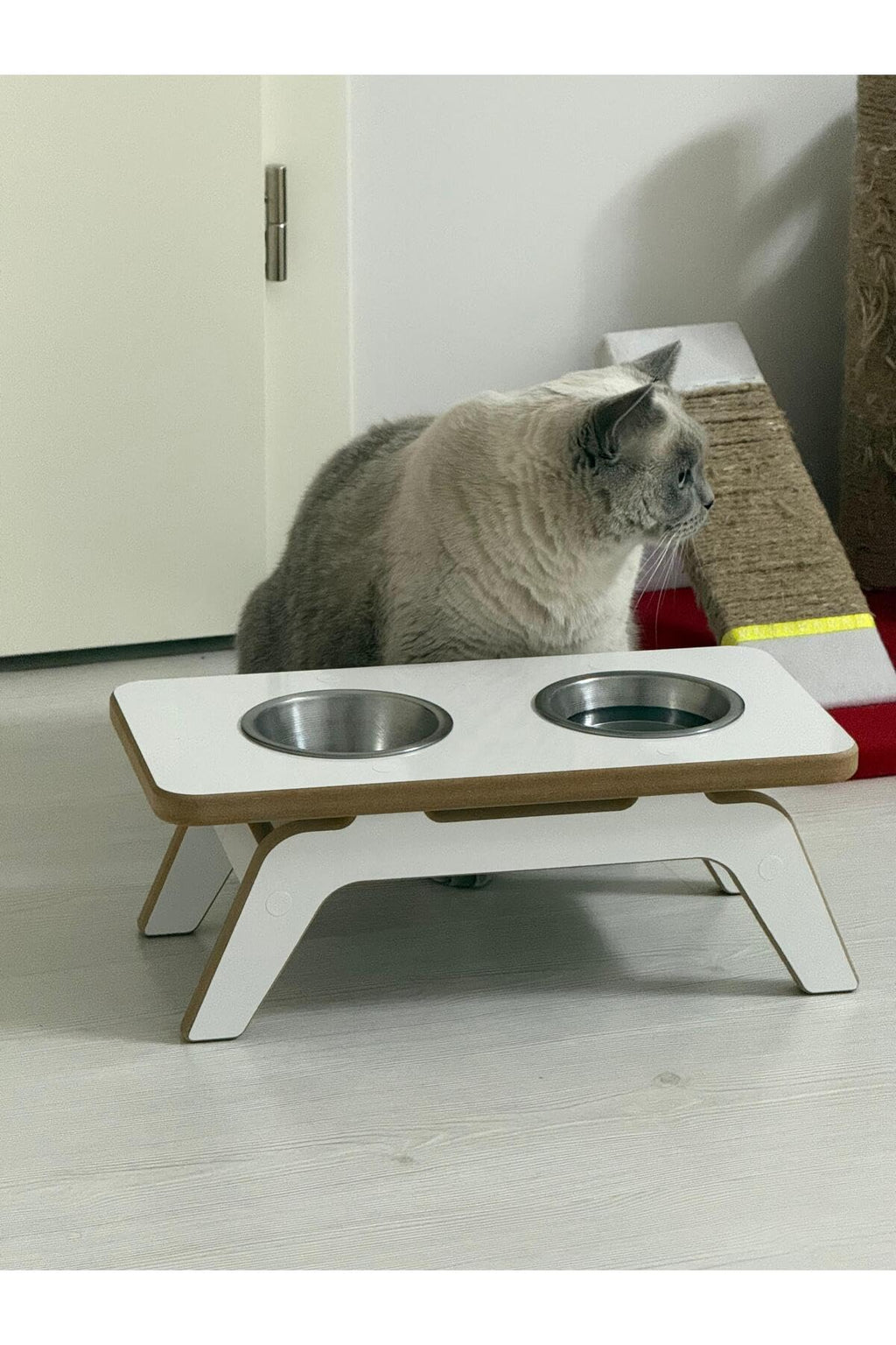 Pet Food and Water Bowl Stand for Cats and Dogs | White | MDF Wood and Metal | 2 Stainless Steel Bowls Included | Modern Design - White