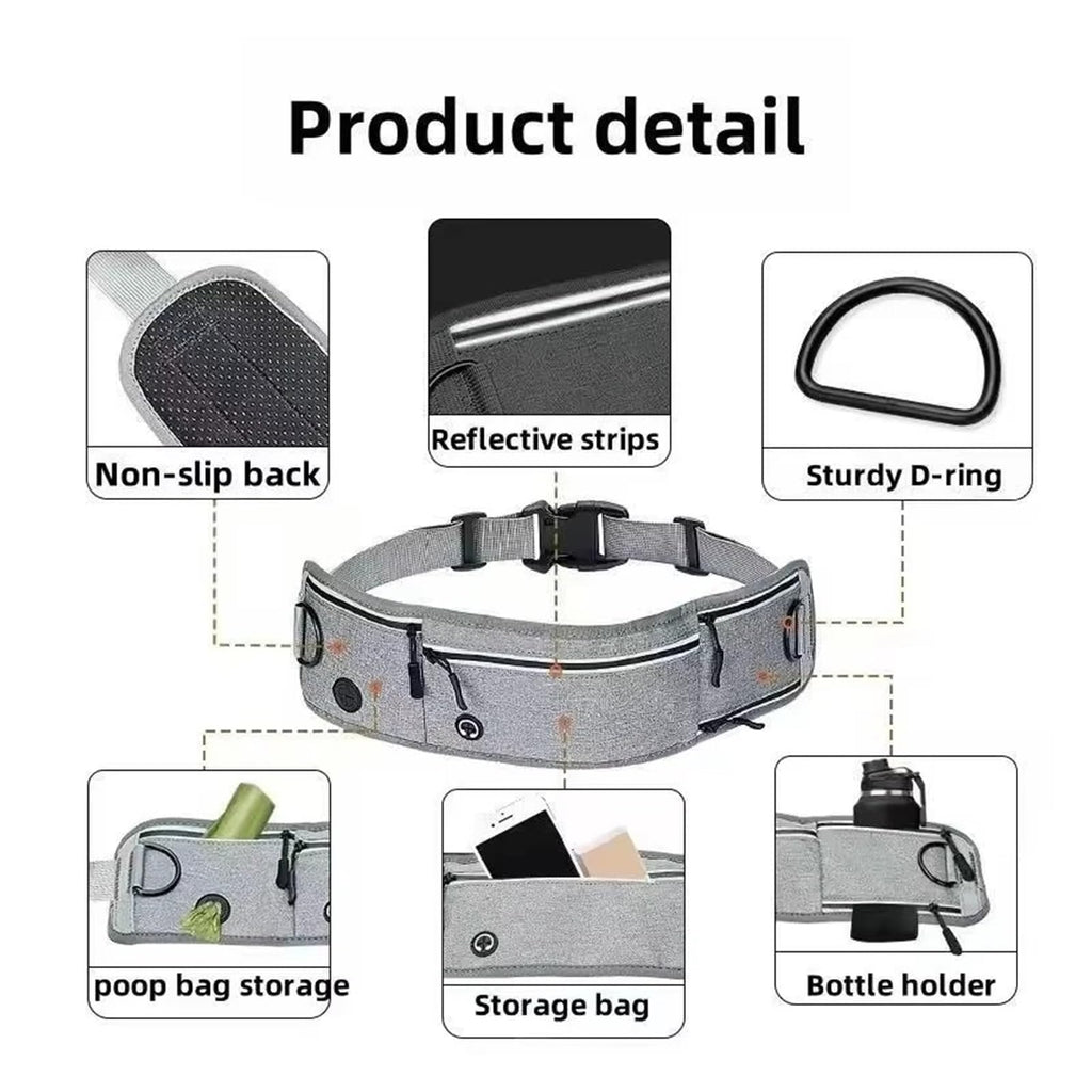 Waist Running Leash with Zipper Dog Hands Free Dogs Walking Pouch Compatible for Dual Padded Handles