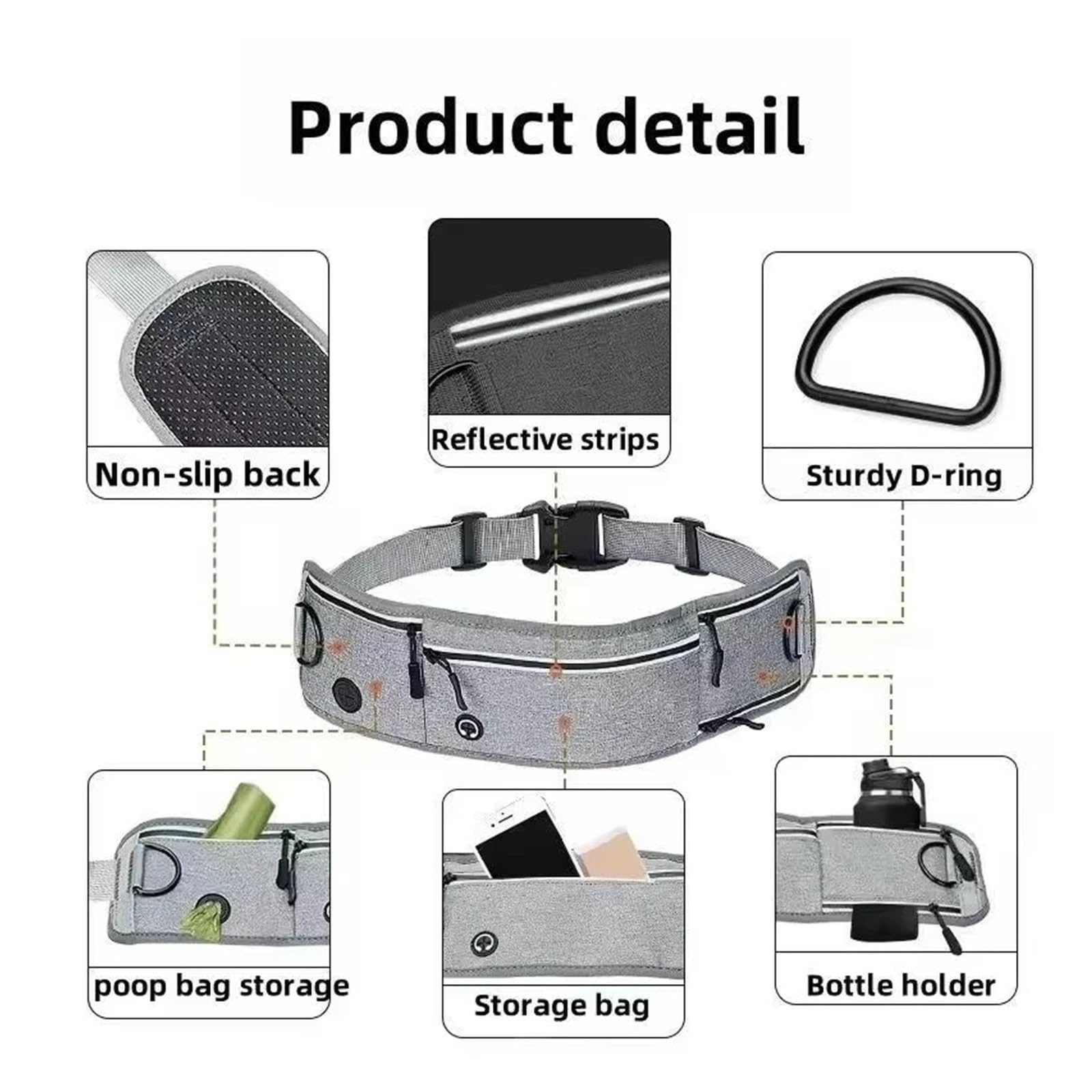 Waist Running Leash with Zipper Dog Hands Free Dogs Walking Pouch Compatible for Dual Padded Handles
