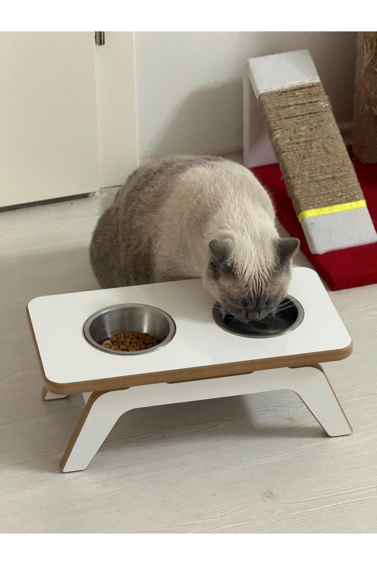Pet Food and Water Bowl Stand for Cats and Dogs | White | MDF Wood and Metal | 2 Stainless Steel Bowls Included | Modern Design - White