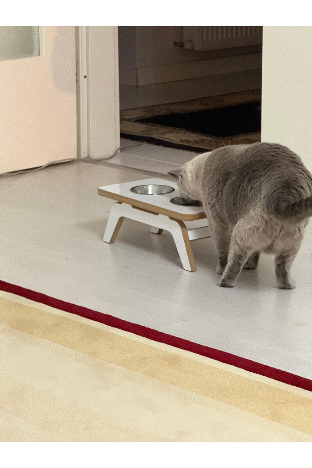 Pet Food and Water Bowl Stand for Cats and Dogs | White | MDF Wood and Metal | 2 Stainless Steel Bowls Included | Modern Design - White
