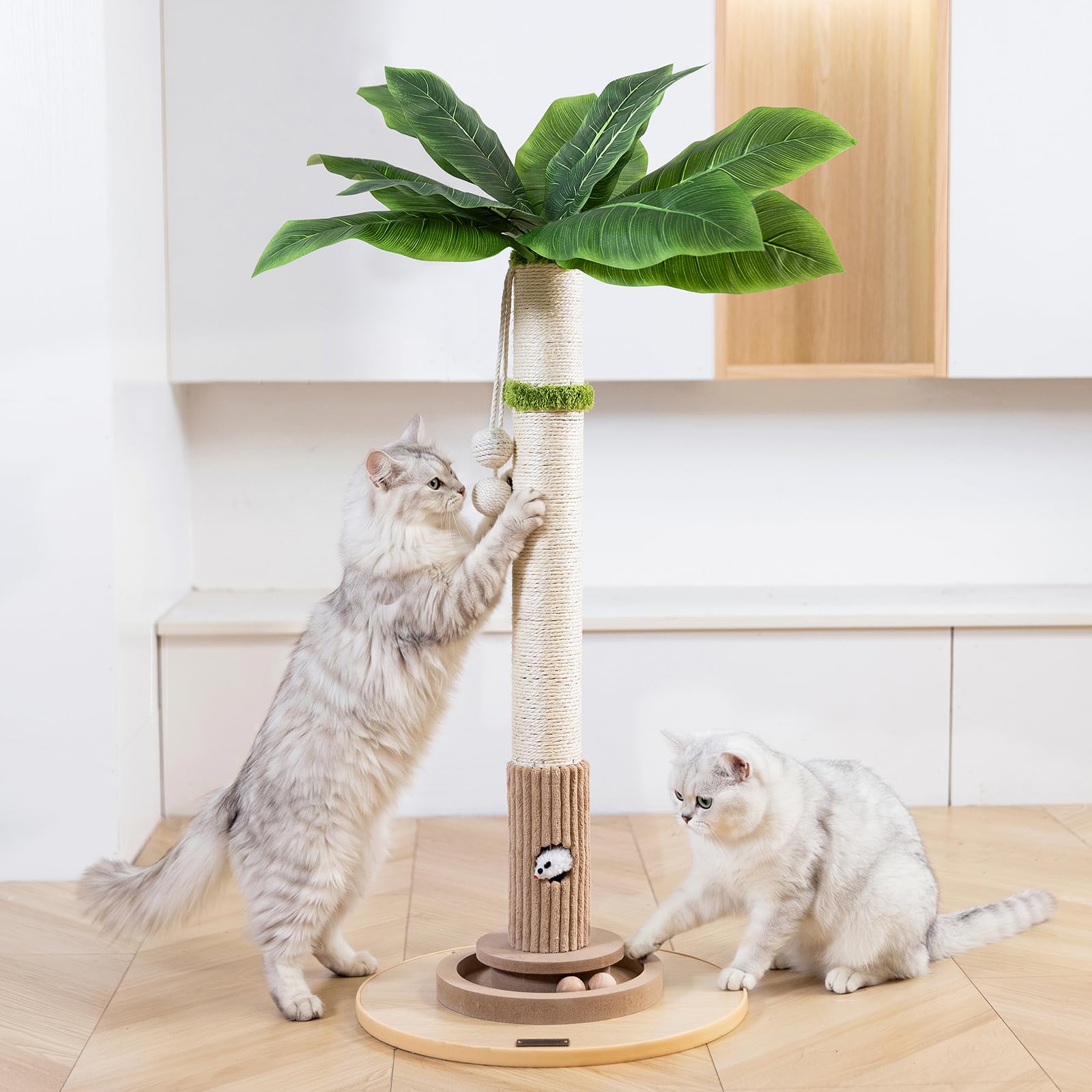 WOOCHPET Cat Scratching Post for Indoor Cats 35" Tall, Sisal Cat Scratcher with Mouse Toy and Track Balls, Wooden Base