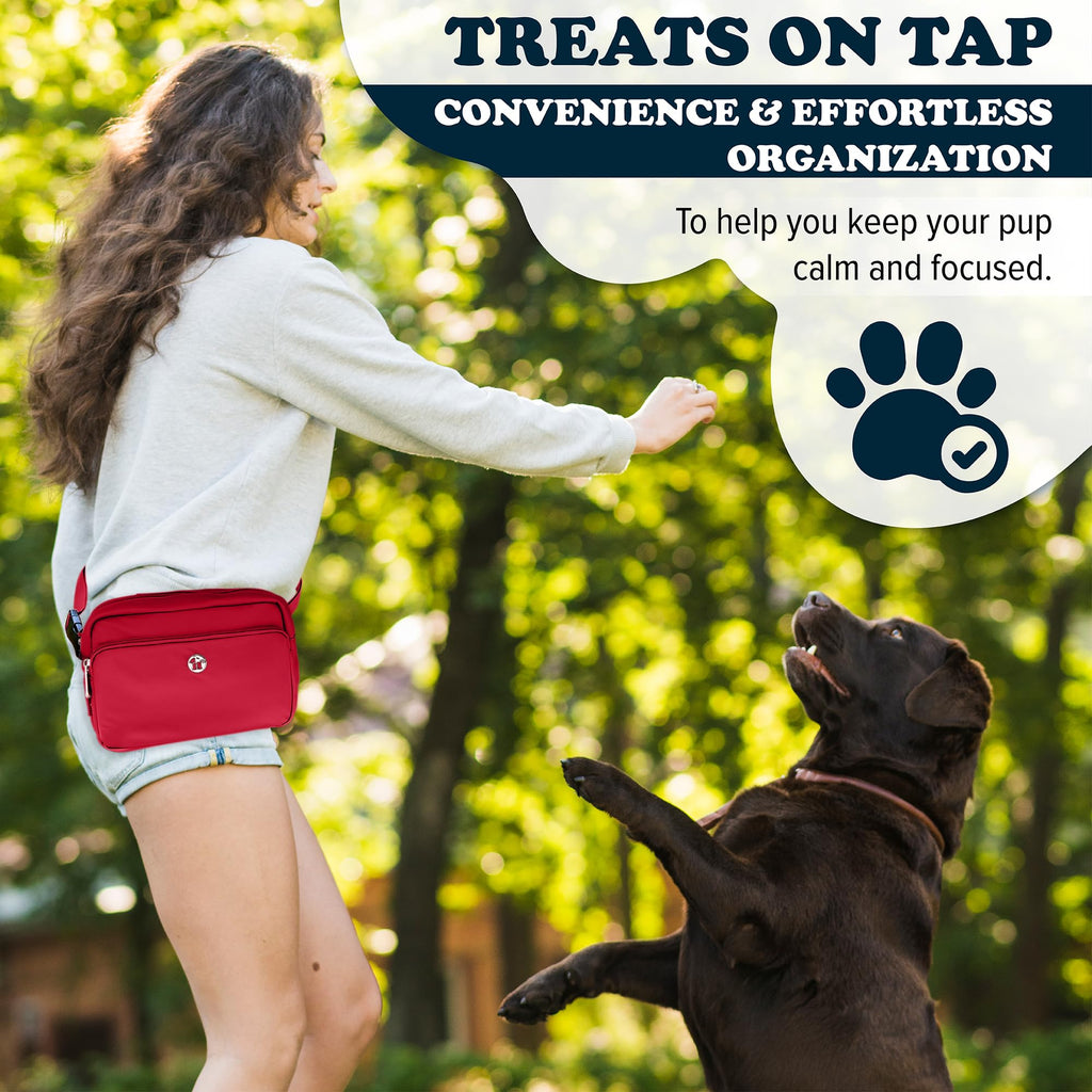 Puppington 3-in-1 Crossbody Bag & Dog Treat Pouch for Pet Training with 270 Matching Compostable Poop Bags (Ruby Red)