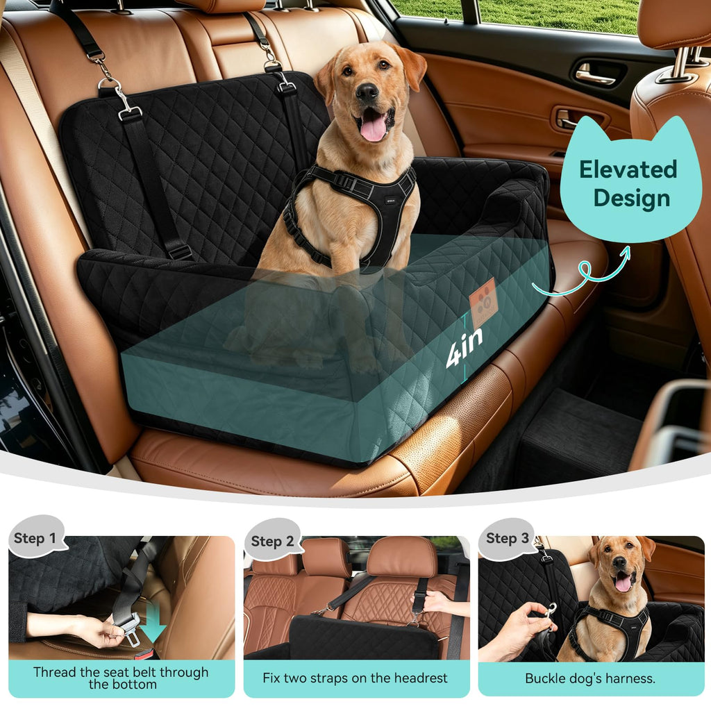 XIEEAOZEE Dog Car Seat for Large/Medium Dogs up to 55 lbs, Travel Car Dog Bed Filling Memory Foam, Washable Pet Booster Carseat for 2 Small Dogs, 2 Safety Leashes, Side Pocket