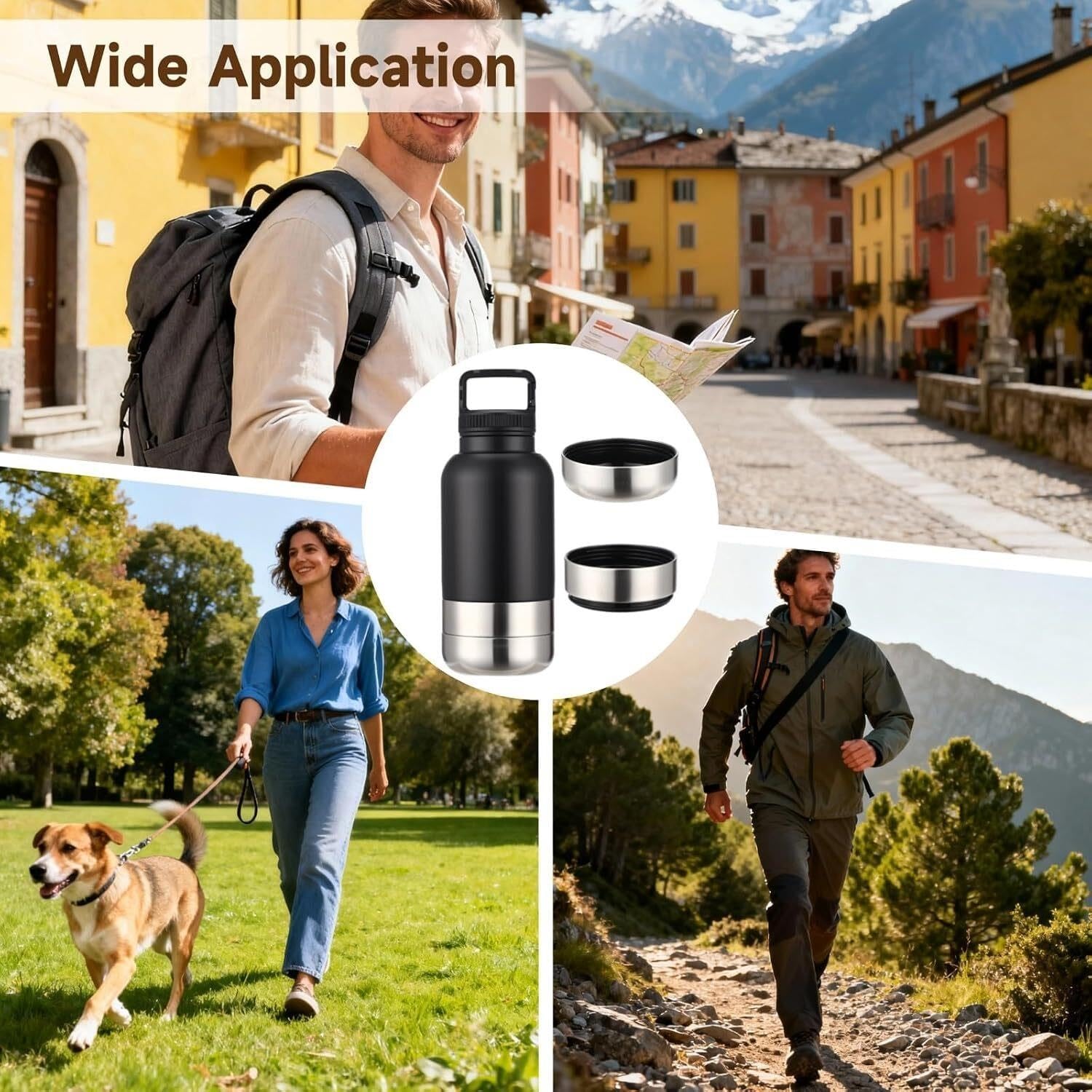 3-in-1 Insulated Dog Water Bottle, 35 oz / 1000 ml Stainless Steel, 2 Detachable Bowls, 9.5 oz / 270 ml Plus 8.8 oz / 250 ml, Multifunctional pet Travel Bowl for Walking Hiking Outdoor