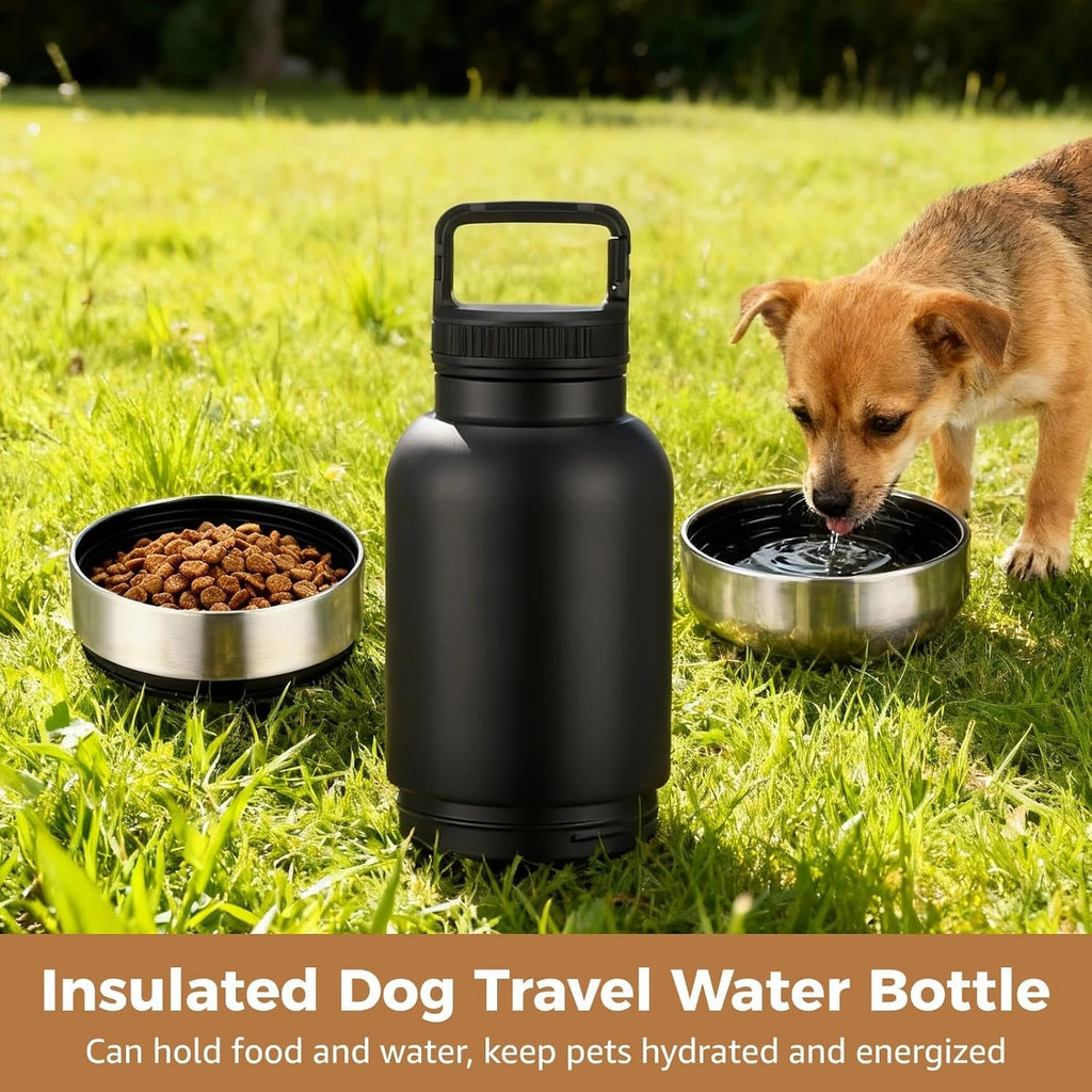 3-in-1 Insulated Dog Water Bottle, 35 oz / 1000 ml Stainless Steel, 2 Detachable Bowls, 9.5 oz / 270 ml Plus 8.8 oz / 250 ml, Multifunctional pet Travel Bowl for Walking Hiking Outdoor