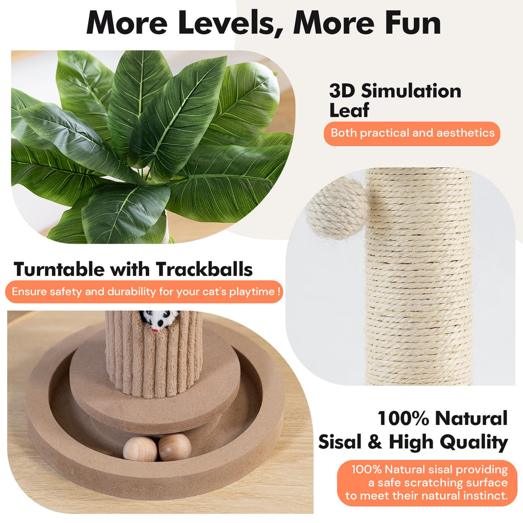 WOOCHPET Cat Scratching Post for Indoor Cats 35" Tall, Sisal Cat Scratcher with Mouse Toy and Track Balls, Wooden Base