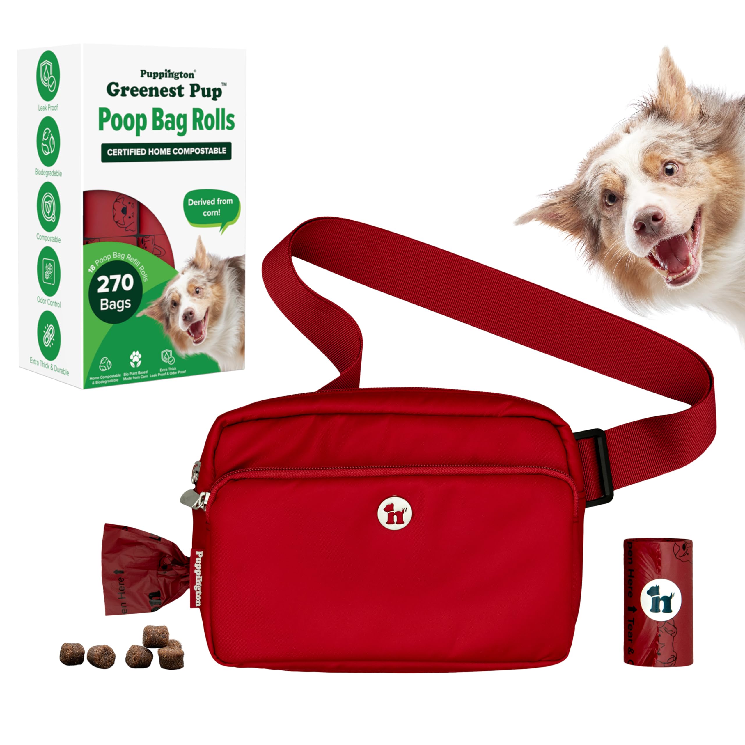 Puppington 3-in-1 Crossbody Bag & Dog Treat Pouch for Pet Training with 270 Matching Compostable Poop Bags (Ruby Red)