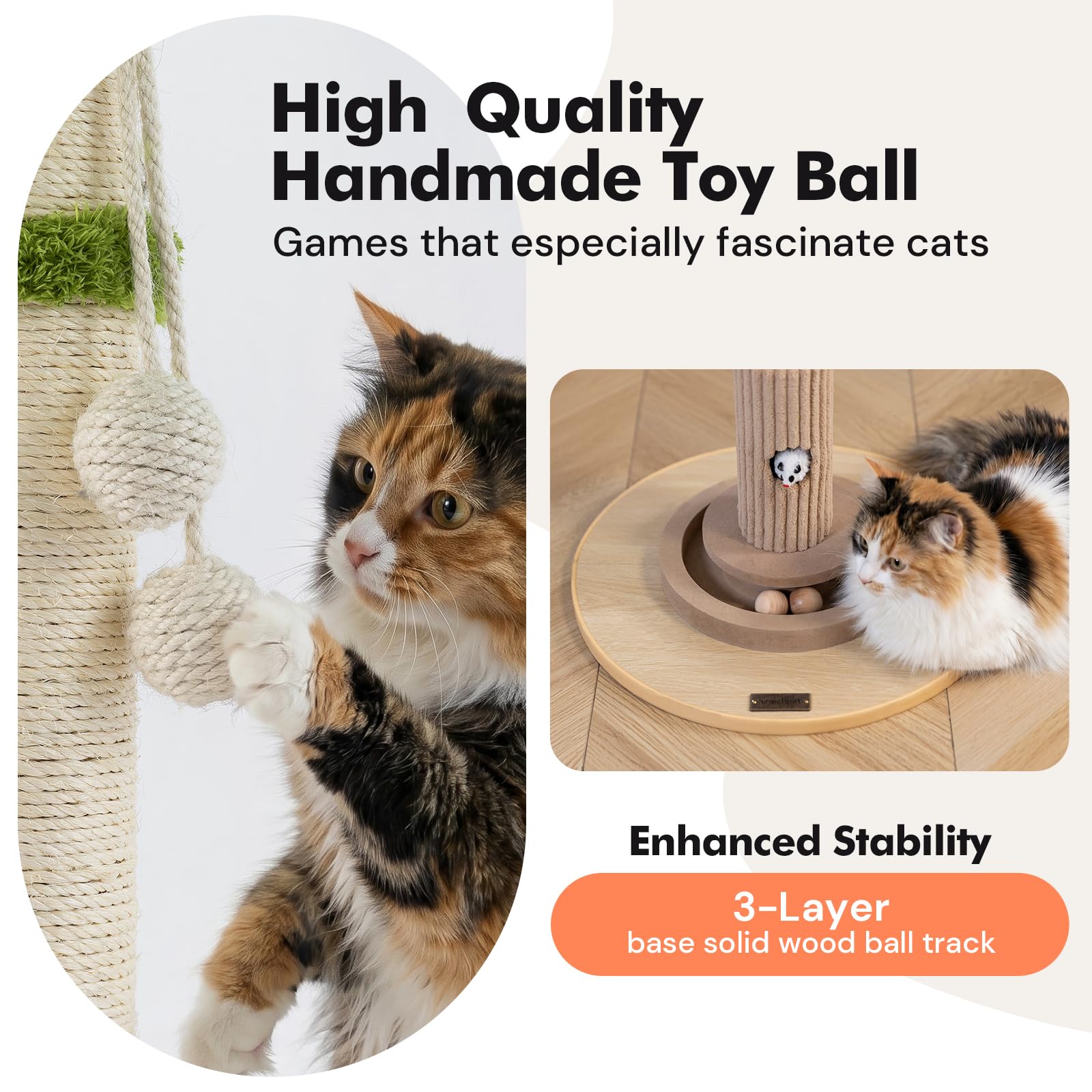 WOOCHPET Cat Scratching Post for Indoor Cats 35" Tall, Sisal Cat Scratcher with Mouse Toy and Track Balls, Wooden Base