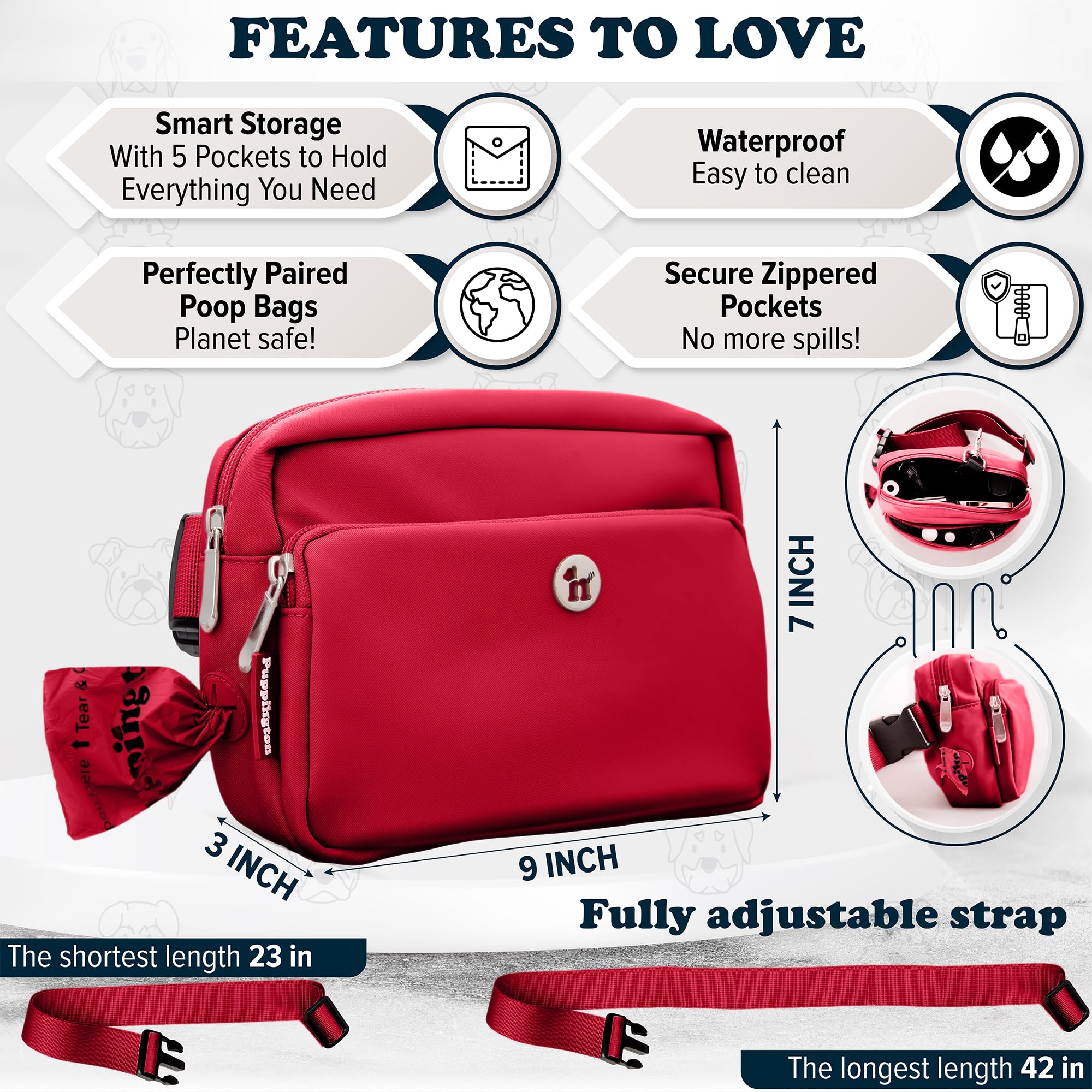 Puppington 3-in-1 Crossbody Bag & Dog Treat Pouch for Pet Training with 270 Matching Compostable Poop Bags (Ruby Red)