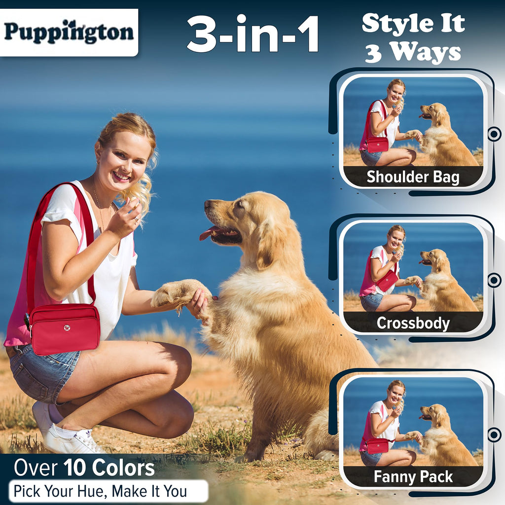 Puppington 3-in-1 Crossbody Bag & Dog Treat Pouch for Pet Training with 270 Matching Compostable Poop Bags (Ruby Red)