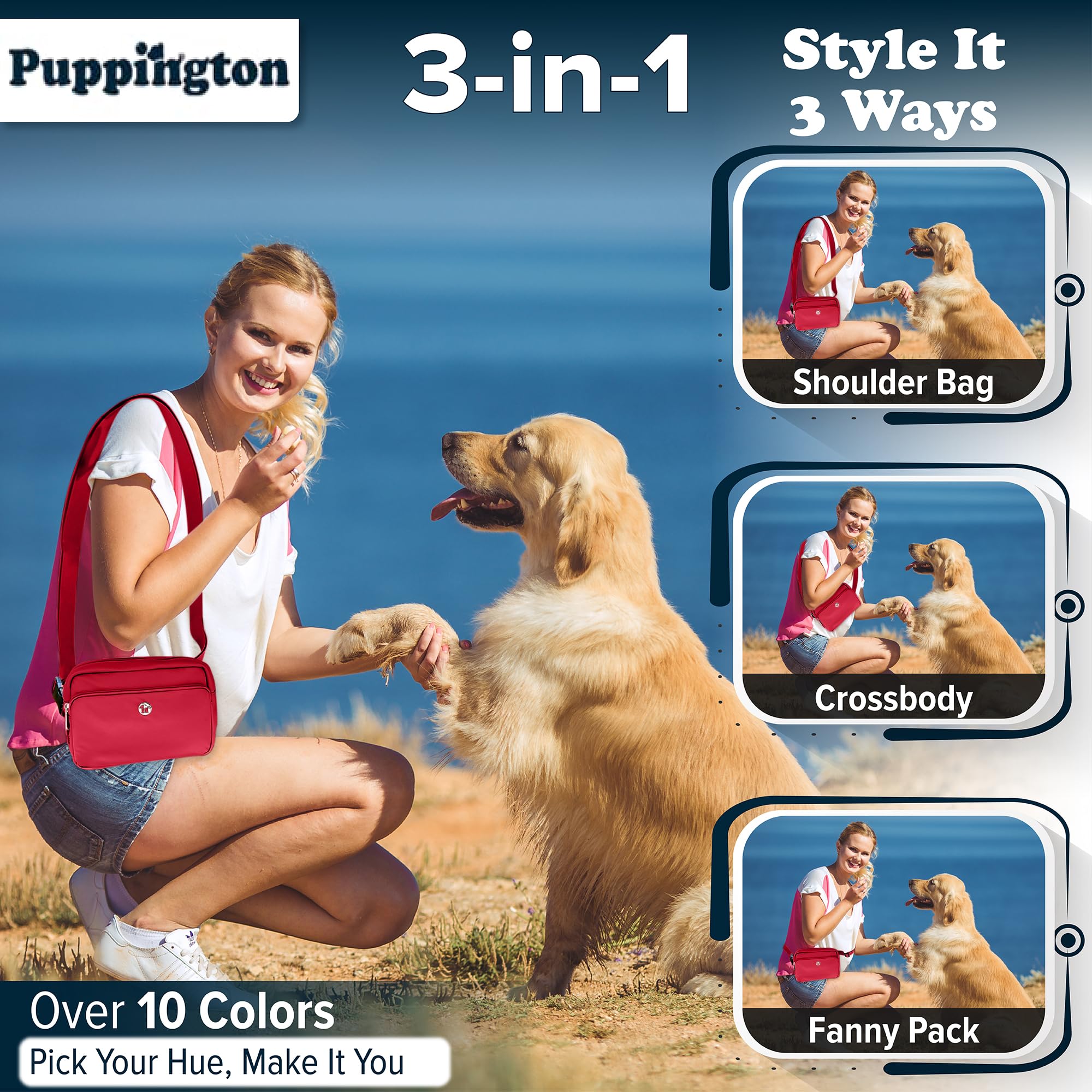 Puppington 3-in-1 Crossbody Bag & Dog Treat Pouch for Pet Training with 270 Matching Compostable Poop Bags (Ruby Red)