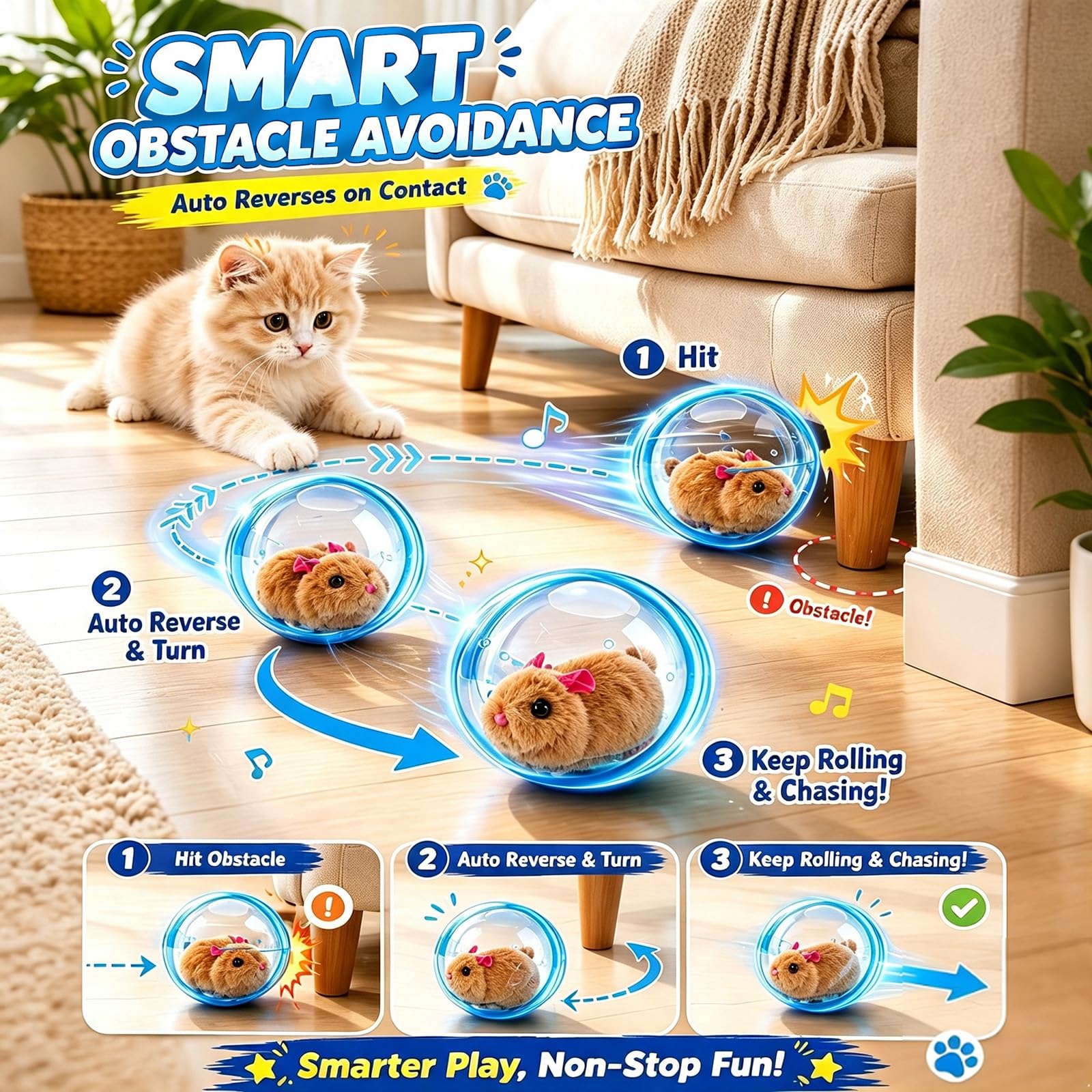 2026 New Self-Rolling Interactive Cat Ball,Realistic Animal Automatic Moving Toy,360° Spin Chasing Ball with Plush Animal Inside,Fun Indoor Interactive Pet Balls for Cats & Dogs(No Battery)(1)