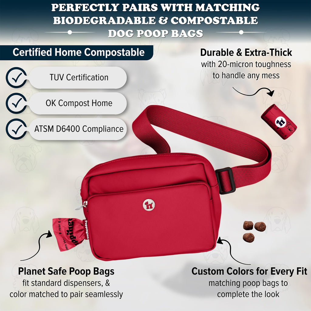 Puppington 3-in-1 Crossbody Bag & Dog Treat Pouch for Pet Training with 270 Matching Compostable Poop Bags (Ruby Red)