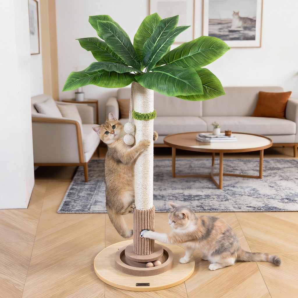 WOOCHPET Cat Scratching Post for Indoor Cats 35" Tall, Sisal Cat Scratcher with Mouse Toy and Track Balls, Wooden Base