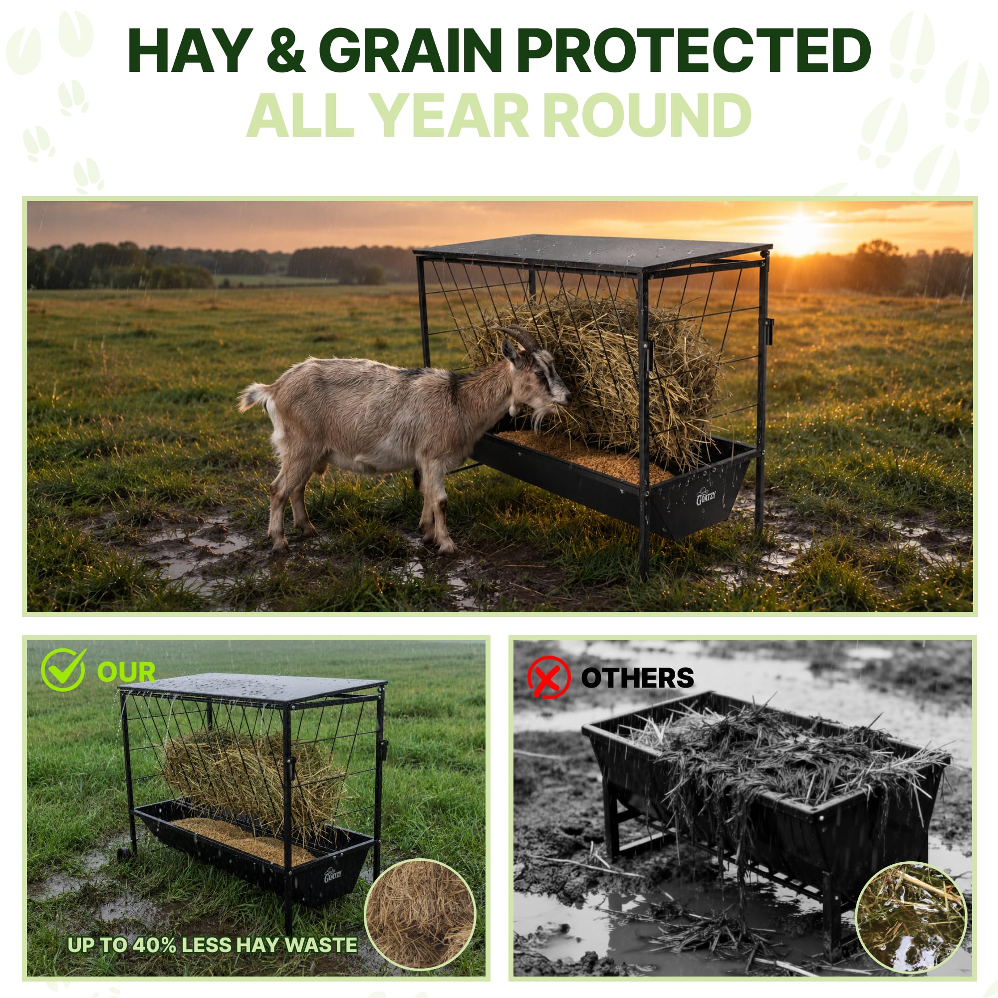 Goatzy Large Hay Feeder for Goats with Roof, Wheels and Handles, Covered 2-in-1 Galvanized Steel Goat Hay Feeder Trough, 50 Gallon Rack and 20 Gallon Grain for Horse Sheep Cattle Alpacas Livestock