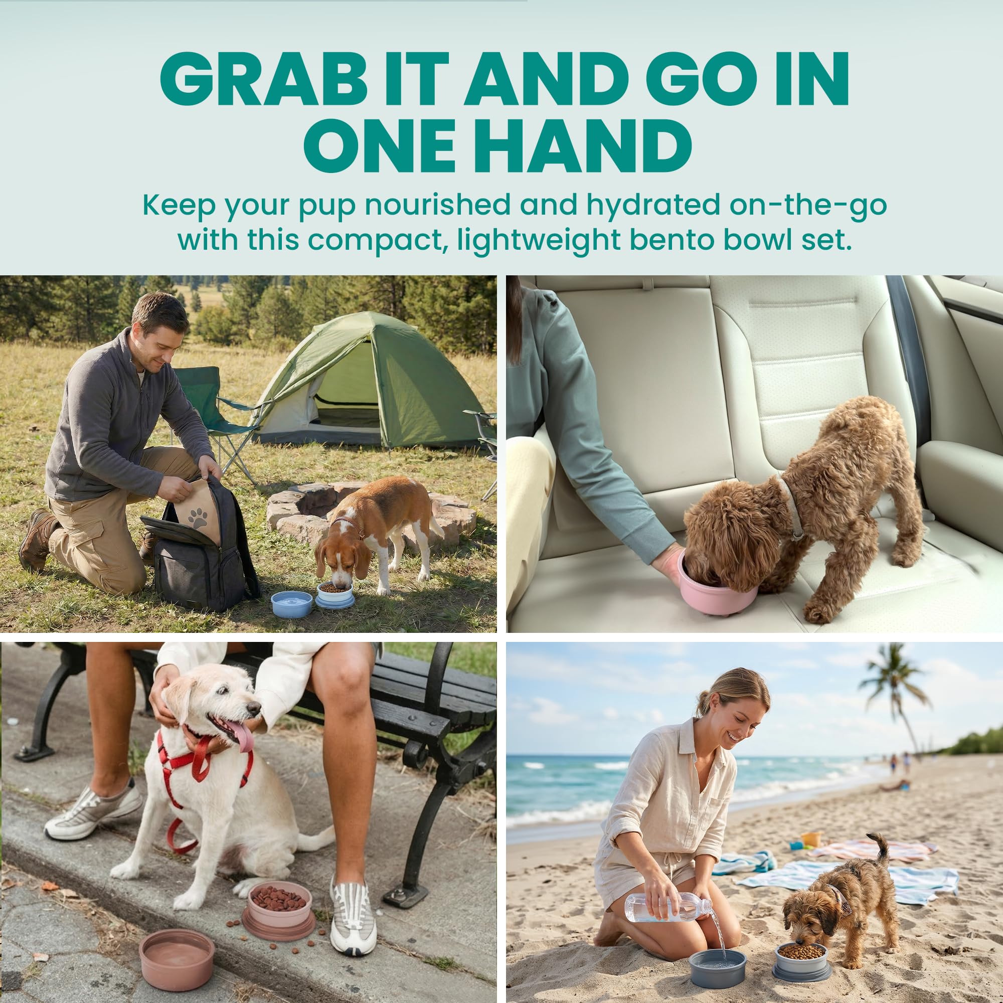 KindTail Dog Travel Bowls - Set of 2 Portable Pet Food & Water Dishes with Lid & Handle - Each Nesting Container Includes a Non-Slip Silicone Base - Microwave & Dishwasher Safe - BPA & Toxin-Free