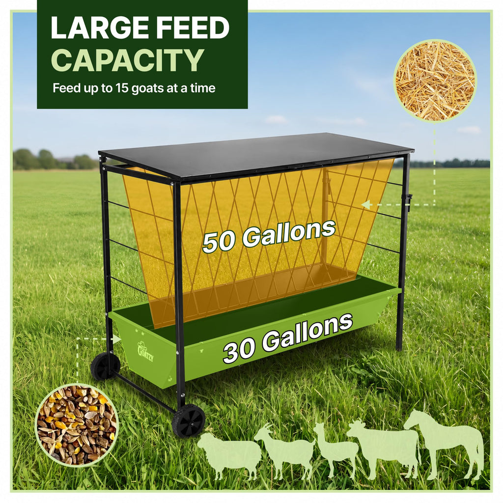 Goatzy Large Hay Feeder for Goats with Roof, Wheels and Handles, Covered 2-in-1 Galvanized Steel Goat Hay Feeder Trough, 50 Gallon Rack and 20 Gallon Grain for Horse Sheep Cattle Alpacas Livestock