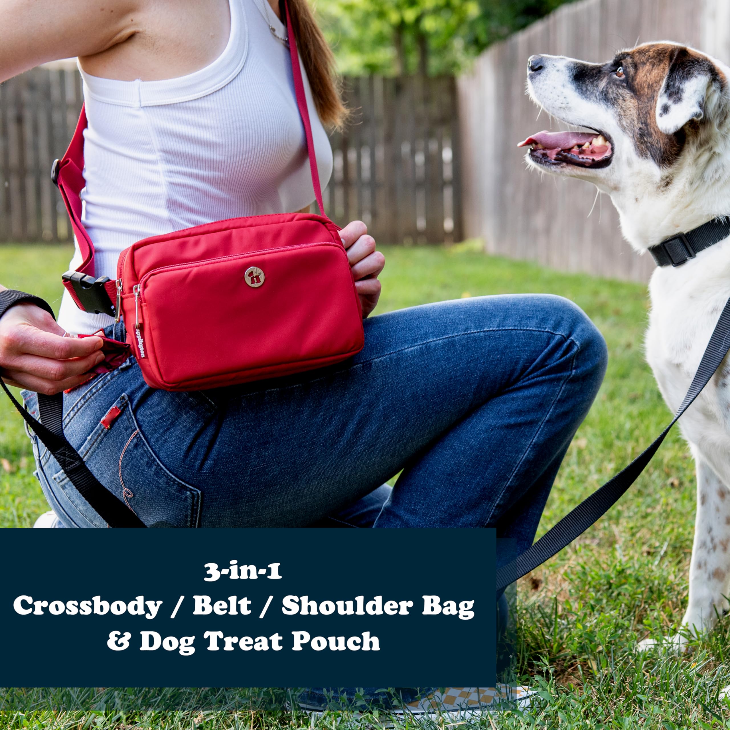 Puppington 3-in-1 Crossbody Bag & Dog Treat Pouch for Pet Training with 270 Matching Compostable Poop Bags (Ruby Red)