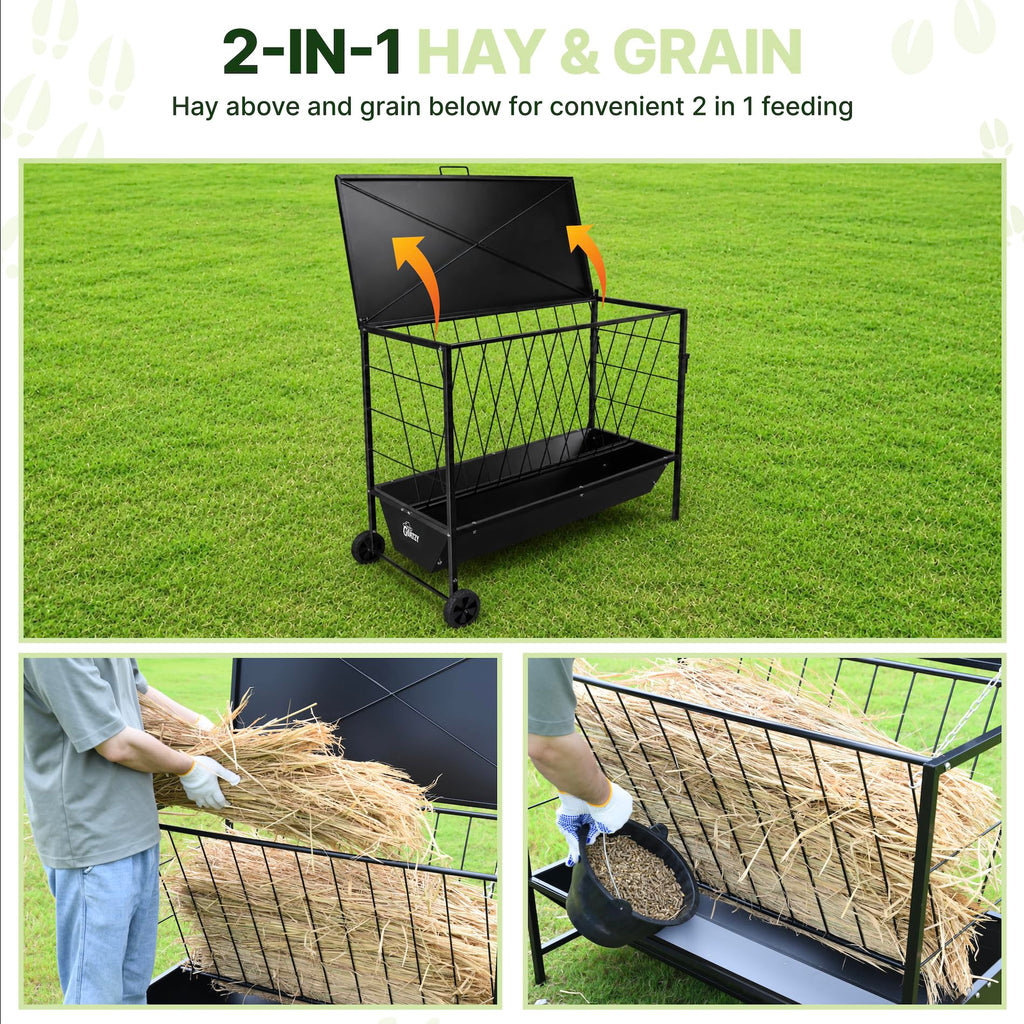 Goatzy Large Hay Feeder for Goats with Roof, Wheels and Handles, Covered 2-in-1 Galvanized Steel Goat Hay Feeder Trough, 50 Gallon Rack and 20 Gallon Grain for Horse Sheep Cattle Alpacas Livestock