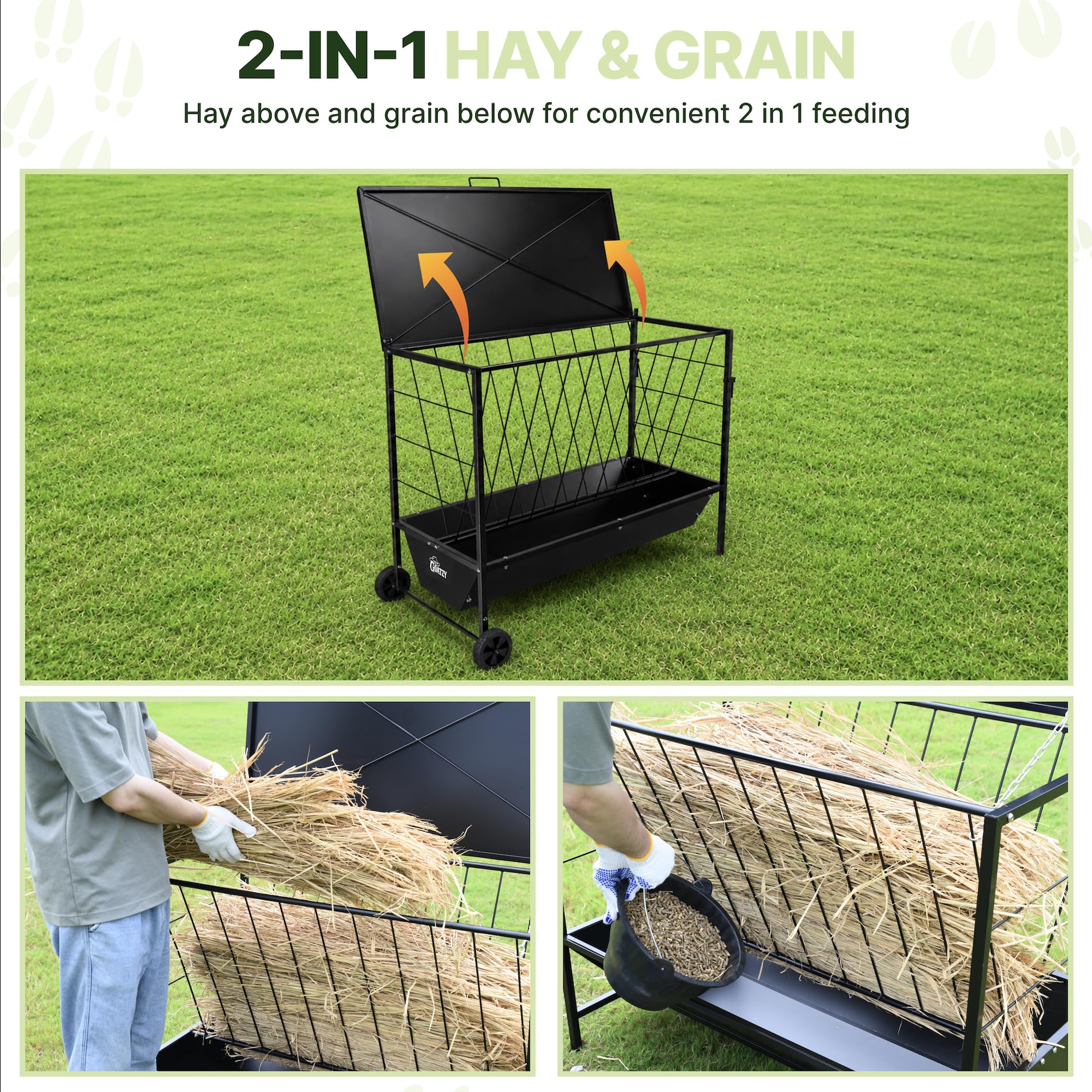 Goatzy Large Hay Feeder for Goats with Roof, Wheels and Handles, Covered 2-in-1 Galvanized Steel Goat Hay Feeder Trough, 50 Gallon Rack and 20 Gallon Grain for Horse Sheep Cattle Alpacas Livestock