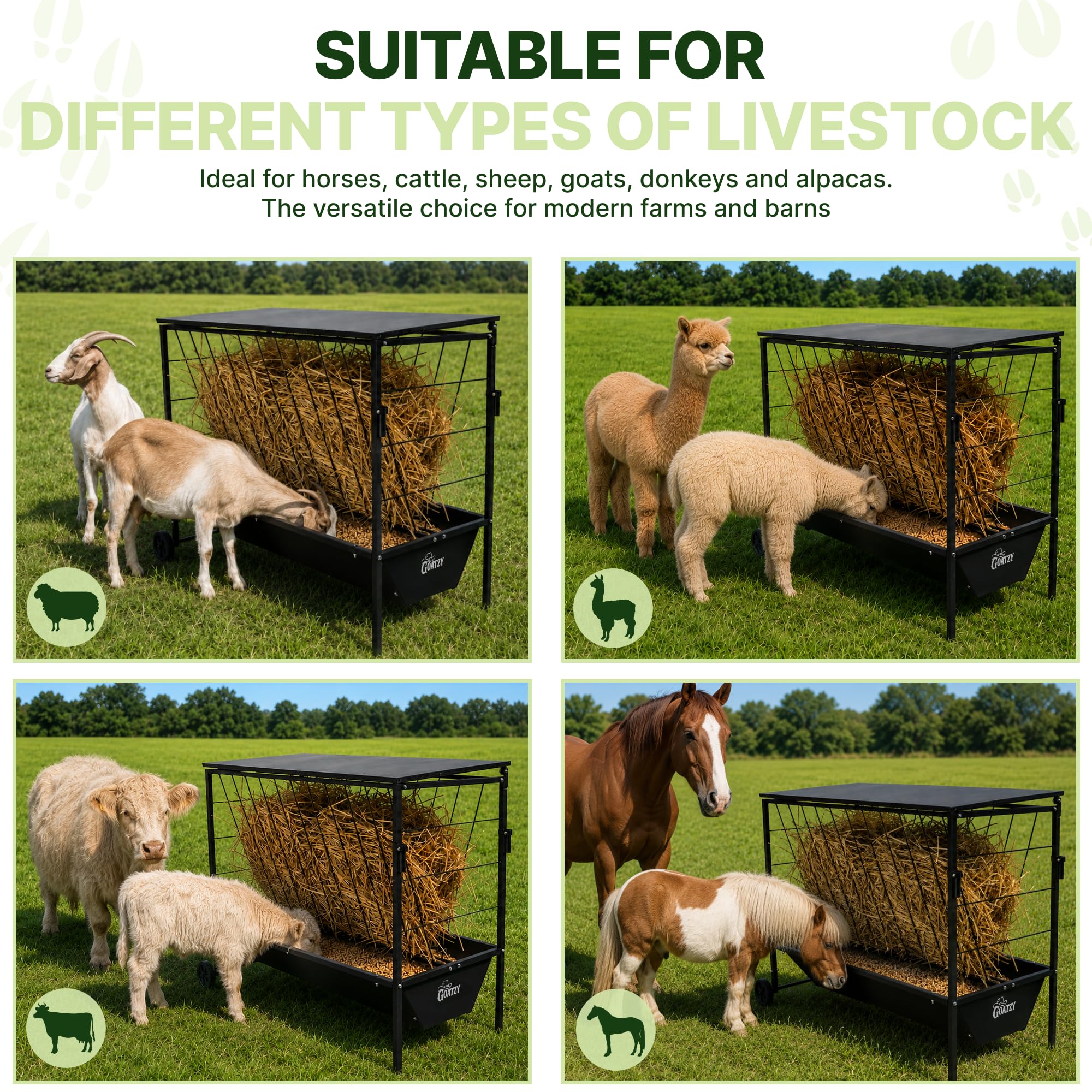 Goatzy Large Hay Feeder for Goats with Roof, Wheels and Handles, Covered 2-in-1 Galvanized Steel Goat Hay Feeder Trough, 50 Gallon Rack and 20 Gallon Grain for Horse Sheep Cattle Alpacas Livestock